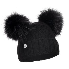 ELIMELI Winter Women's Hat with Two Pompoms - Warm Winter Hat with Faux Fur Bobble - Slouch Beanie Women - Bobble Hat for Women - Fleece Lined Women's Hat, black