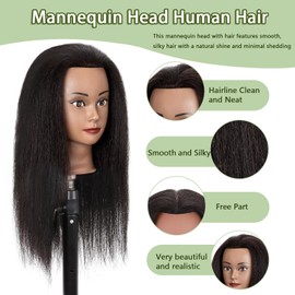 Mannequinkopf mit menschlichem Haar 18'' Kosmetologie Mannequinkopf mit 100% echtem menschlichem Haar Mannequinkopf für Flechten Friseure Kosmetologie Studenten Übung Styling mit Klemmhalter (M18)