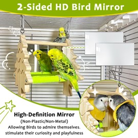 Bird Mirror Toy Perch, 2-Sided Hd Parakeet Mirrors & 2 Cotton-Wrapped Perches for Multiple Birds, Wooden Frame Hanging Parrot Swing for Cage, Safe No Sharp Edges Bird Toy for Budgie Lovebird Cockatiel