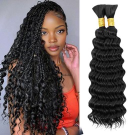 18 Inch Boho Hair for Braiding Deep Water Wave Bulk Knotless Curly Braiding Hair Braids 2 Bundles 200g Soft No Weft Wet and Wavy Hair Extensions Natural Black