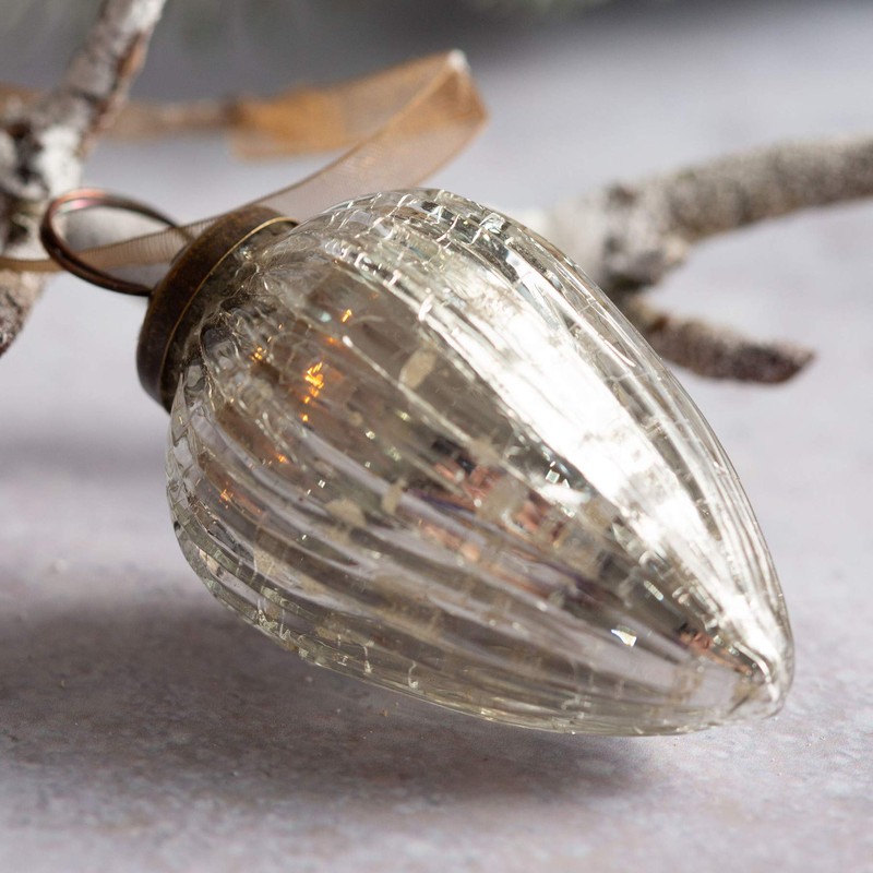 Aurora Christmas Glass Pinecone Christmas Bauble, Silver, 2"