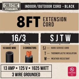 Cablectric 3 Pack Weatherproof Black Extension Cord 8 ft, 16/3 SJTW 8 Foot Outdoor Extension Cord 3 Prong, 13 Amp Heavy Duty Exterior Power Cable Multi Pack Great for Outside, Landscaping & Lawn