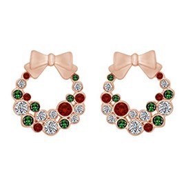 Round Shape Simulated Green Emerald,Pink Ruby With CZ Fashion Holiday Wreath Stud Earrings In 14K Rose Gold Over Sterling Silver