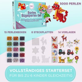 Jubi® Ironing Beads Set - With 15 Assorted Colours Boxes, 6 Pegboards, 14 Templates, Accessories - Perfect for Children to Creative Design - 5 mm Beads for Girls & Boys