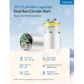 70/7.5 uF 70+7.5 MFD 370VAC/ 440 VAC Dual Run Start Round A/C capacitor CBB65B Capacitor for AC Unit Fan Motor Start or Heat Pump or Condenser Straight Cool,Air Conditioner,HVAC Capacitor byCobectal