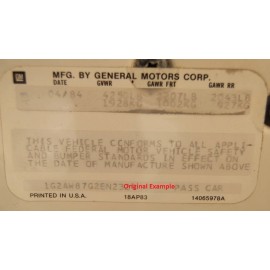 Calcomanía de puerta GM VIN 1984 pegatina fecha y VIN impresa Z28 SS 442 Corvette Regal