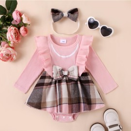 Willow Dance Newborn Baby Girl Fall Winter Outfit Long Sleeve Ruffled Romper Dress Jumpsuit Bodysuit Clothes with Headband pink 6-9M