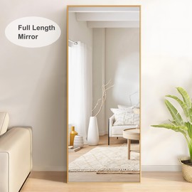 self Full Length Floor Mirror 65"×22" Metal Aluminum Alloy Frame Floor Mirror with Standing Holde Standing Hanging or Leaning Against Wall Mirror,Golden