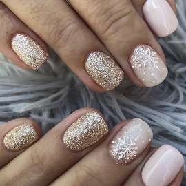 Christmas Press on Nails Short Square Fake Nails With Snowflake Gold Glitter Designs Xmas Light Pink False Nails Glossy Full Cover Stick on Nails Acrylic Winter Artificial Nails for Women 24 Pcs