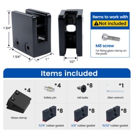 Muzata 4Pack Adjustable Glass Clamp for Thickness 5/16"-1/2"(8mm-12mm) Black Square 1 3/4" x 1 3/4" Stainless Steel Heavy Duty Glass Shelf Bracket GA04 BP4