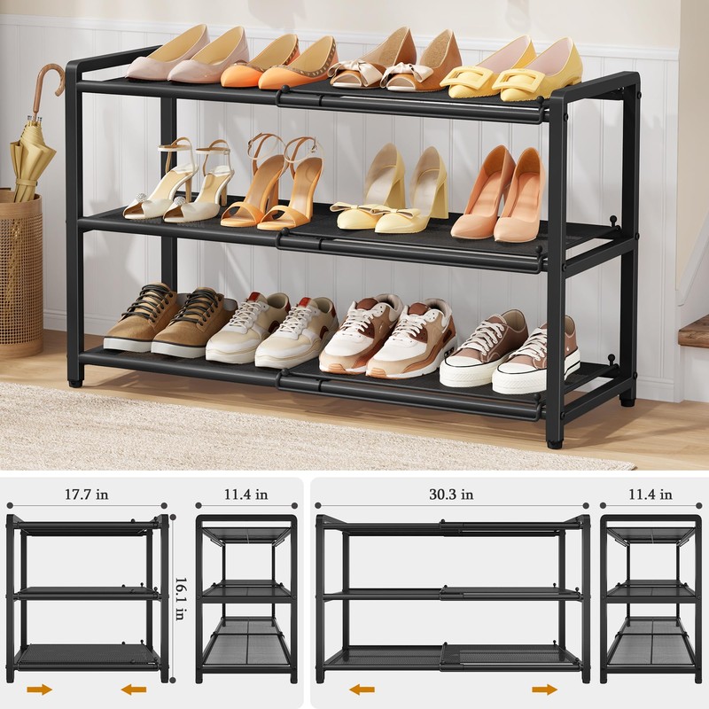 Gewudraw 3 Tier Expandable Shoe Rack, Adjustable Heavy Duty Metal