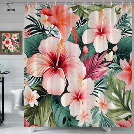 Tropical Flowers Shower Curtain Rainforest Blooming Pink Hibiscus Orchid Floral Green Palm Leaf Banana Leaves Plants Botanical Foliage Jungle Nature Polyester Fabric Bathroom Curtain with Hooks