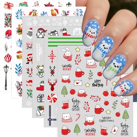 6 Sheets Christmas Nail Art Stickers Decals 3D Self-Adhesive Cute Snowman Santa's Hat Nail Decals Winter Xmas Elk Santa Claus Cute Hat Bear Nail Designs Gloves Candy Plaid Cane Nail Supplies for Women