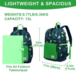VASCHY Kids Backpack, 13L School Bag for Boys 4-6 Years Water Resistant Toddler Dinosaur Rucksack Children's Backpack with Elastic Water Bottle Pockets for Elementary School(Green Dino)