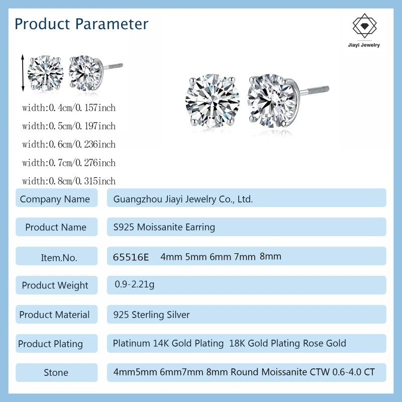 0.6-4.0 CTW S925 Silver 6mm Moissanite Stud Earrings D Color