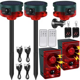 Qualirey 4 Pack Solar Outdoor Motion Sensor Alarm in 2 130db Loud Noise Maker Support Recording Adjustable Volume Strobe Light Multiple Mode with Remote Control and USB Charging Cable