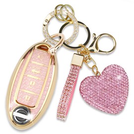 Simocky Key Fob Cover with Diamond Keychain for Nissan Car Key Shell Compatible with Altima Rogue Sentra Pathfinder Frontier Maxima Titan Murano Kicks Juke Versa (4 Buttons-Pink Heart)