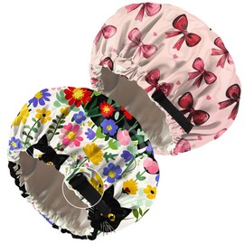 Cabreche 2 PCS Bonnets for Women Girls Satin Hair Bonnet Double Layer Silk Adjustable Elastic Sleep Cap Cute Aesthetic-Flower Cat Bowknot