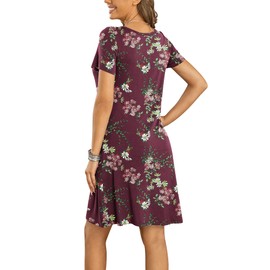 DUSDIMON Women's Summer Casual Tshirt Dresses Short Sleeve Cover ups Beach Loose Dress(Flower Wine, L)