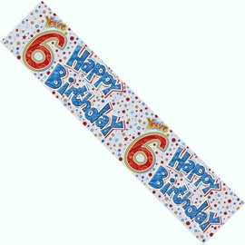 Happy 6th Birthday Party Banner Age 6 Giant Extra Wide Party Decoration Garland Boy's Birthday Blue And Silver Recyclable Eco Friendly Holographic Shiny Sparkly Party Banner