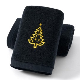 sense gnosis Black Hand Towel Set of 2 Embroidered 100% Cotton Thick Highly Absorbent Luxury Hand Towels for Bathroom Christmas Tree Embroidered Decorative 13 X 29 Inch