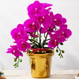 JARELING Faux Artificial Orchid Flowers in Vase, Real Touch Orchid in Pot Orquideas Fake Flowers for Home Decoration Indoor Decor Living Room Dinning Table Centerpiece (Gold Vase, Purple)