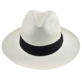 Genuine Panama Hat - Classic Summer Fedora - Black Band - Toquilla Straw - Handwoven in Ecuador (White, Medium)