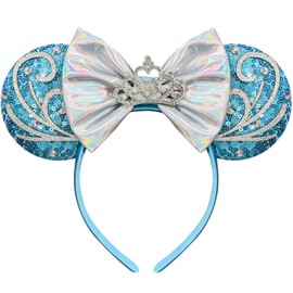 Bmobuo Princess Mouse Ears Headband for Women Blue Sequin Mouse Ears for Adult Park Ears