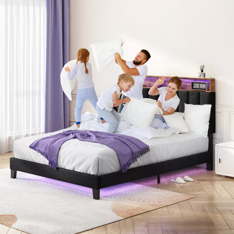 Sersper Full/Queen Size Bed Frame with Storage Headboard, Charging Station
