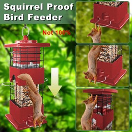 Bird Feeder Squirrel Proof,3Lbs Metal Bird Feeders for Outdoors Hanging, Anti-Squirrel Birdfeeder with 4 Feeding Ports, Wild Birdseed Feeder for Cardinal, Finch, Sparrow (Red)