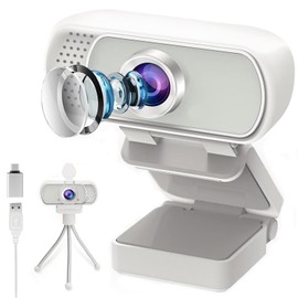 Generic GoHZQ 1080p Webcam Streaming Camera Webcam for PC with Built-in Microphone & Privacy Cover Tripod & USB-C Adapter- for Twitch/Zoom/Skype/Teams etc, Conferencing and Video Calling, White