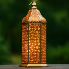 VELA LANTERNS - Farol decorativo para vela marroquí dorado champaña de 16 pulgadas, linterna hexagonal de metal para mesa o colgar, decoración islámica turca de Ramadán, centro de mesa de boda