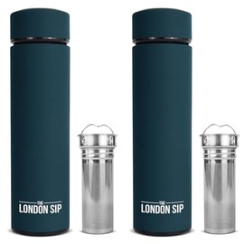 London Sip Multi-Purpose Tea Infuser Travel Mug and Tumbler Fruit Infuser Flask Hot and Cold Double Wall Stainless Steel Thermos with Extra-Long Infuser, Midnight Teal, Pack of 2