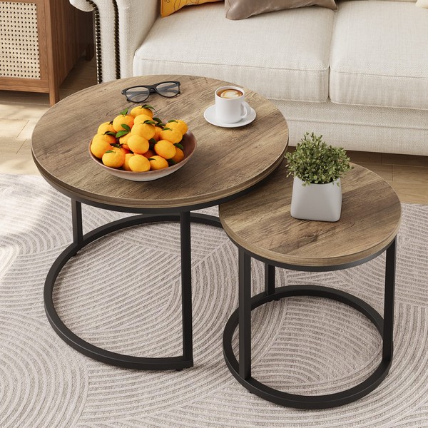 Smuxee Nesting Coffee Table Set of 2, 23.6" Round Coffee Table Wood Grain Top with Adjustable Non-Slip Feet, Industrial End Table Side Tables for Living Room Bedroom Balcony Yard