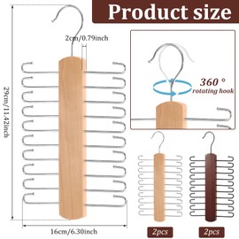 4Pcs Wood Tie Rack Hanger with 20 Metal Hooks Space Saving Belt Hanger Multifunctional Organizer for Hanging Belts Tie Scarves Neckties and More