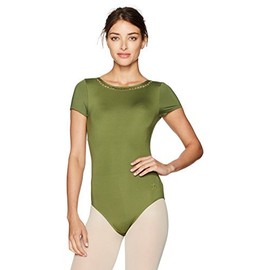 Danskin Women's Laser Cut-Out High Neck Cap Sleeve Leotard, Olive, Medium