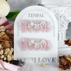 TENPAL Summer Pink Nails,Handmade Press on Nails Medium Coffin,Butterfly Rose Designs Soft Gel Fake Nails with Tools,Reusable False Nails with Camellia Peals,Florals Nails for Women Girls, XS Size