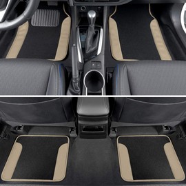 BDK Carpet Floor Mats for Cars, Two-Tone Carpet Car Mat with Faux Leather Accents, Automotive Floor Mat Sets with Built-in Heel Pad, Stylish Interior Car Accessories Beige