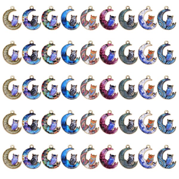 LEGENTLISUR 45Pcs Moon with Owl Charms Bulk Multi-Color Printed Alloy