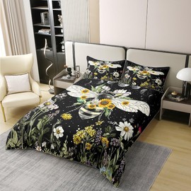 jejeloiu Sun Moon Duvet Cover 100% Cotton King Size Death Moth Bedding Cotton Duvet Cover Set for Bedroom Skull Decor Sunflowers Botanical Blossom Black Yellow Bedding Set