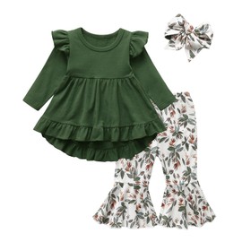 KuKitty Toddler Baby Girl Clothes Solid Color Long Sleeve Ruffle Tops Floral Bell-Bottoms Pants and Headband Outfits Set (4-5T) Green