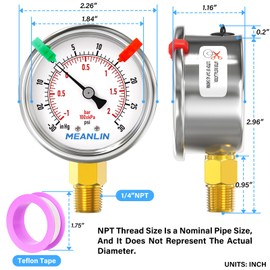 MEANLIN MEASURE -30~30Psi Vacuum Gauge Stainless Steel 1/4" NPT 2" FACE DIAL Waterproof for Air Compressor HVAC Negative Pressure Hand Pump Pool Lower Mount (with 2PCS Snaps)
