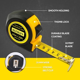 Rizikin Heavy Duty Tape Measure 10m 33ft - Stainless Steel Measuring Tape 10 metre - Retractable Measurement Tape - Imperial and Metric Tape Measure with Metal Belt Clip (10 Metre)