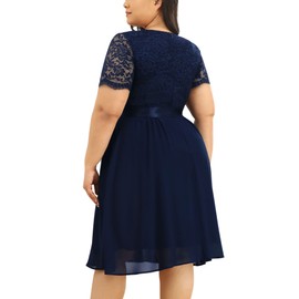 Miusol Vestido formal de gasa con cuello en V y encaje floral para mujer, talla grande, con volantes, para dama de honor, Azul marino, 5X-Large Plus