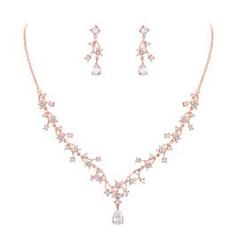 EVER FAITH Wedding Jewelry Set for Bride Round Teardrop Zircon Flower Cluster Vine Pendant Necklace Earrings Sets Clear Rose Gold-Tone