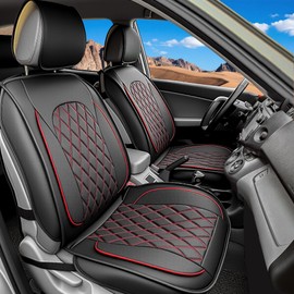 LINGVIDO Red Faux Leather Auto Seat Covers, Automotive Interior Rhombus Cushion Protector for Sedan & SUV Trucks Universal Fit carseat Cover (Full Set, Red Line)