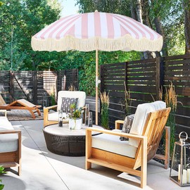 Boho Outdoor Umbrella with Tassels,6ft Table Umbrella Outdoor Patio with Knobs Tilt,Wind Resistant Portable Beach Umbrella UPF50+ Fringe Umbrellas For Pool Backyard Deck Garden (Pink Stripe)