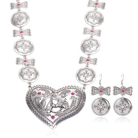 Montana West Wrangler Chunky Carved Heart Pendant Jewelry Set for Women Cowgirl Western Statement Necklace Earring