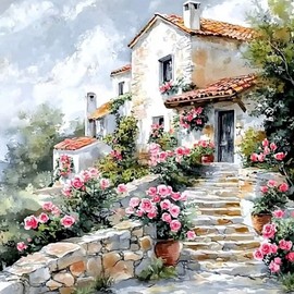 DAERLE Diamond Painting Erwachsene, Altes, mit Blumen überwuchertes Dorf, 5D DIY Diamant Painting Bilder Landschaft, Diamant Malerei Diamond Painting Runde Steine für Zuhause Dekor 30x30 cm