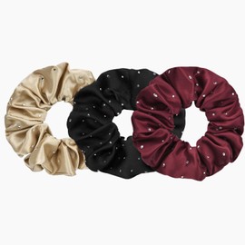 Handmade Hot Drill Elastic Hair Scrunchies For Women Rhinestone Smoother Than Silk Hair Ties Rubber Band Rope Fashion Hair Accessories (3PCS) (Black, red, khaki, One size)
